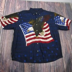Cotton Traders Sport Shirt Mens 2XL Blue Short Sleeve Button Up Eagle Flag